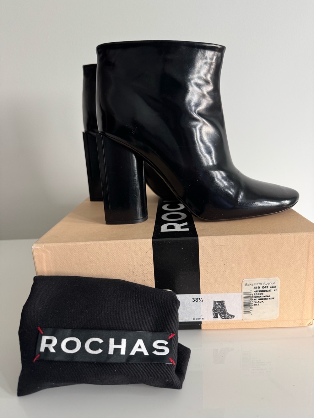 Rochas Black Patent Leather High Block Heel Ankle Boots